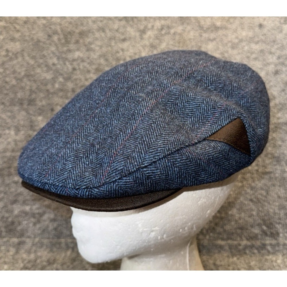 Henschel Hat Co HHH Ivy Flat Cap Blue Herringbone Wool Blend Leather Trim Mens L
